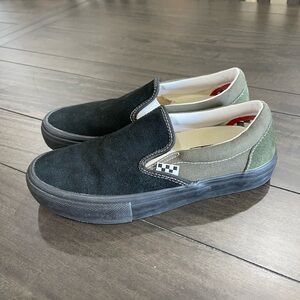 Vans Men's Black and Olive Slip-On Sneakers